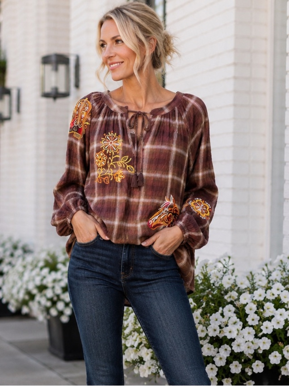 NEW blue b Brown Plaid Horse Cowboy Boot Flower Tie Neck Thread Tassel Blouse